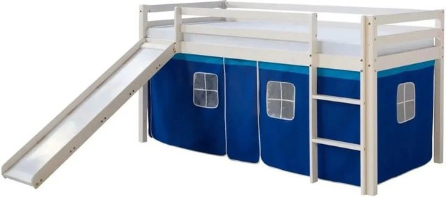 Homestyle4u Hochbett aus Kiefernholz für Kinder in Weiß mit blauem Vorhang, B/T/H: 90 x 200 x 154 cm - Bild 1
