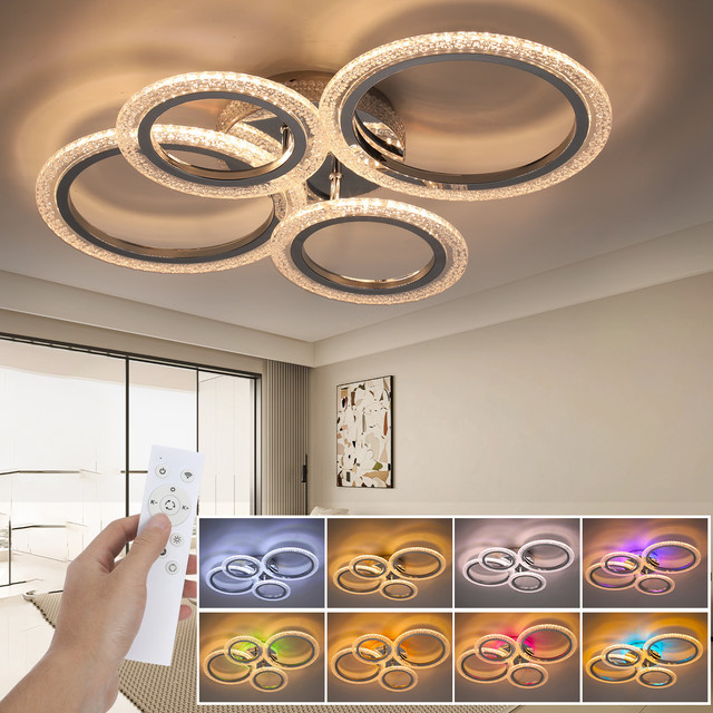 Oyajia RGB LED-Deckenleuchte in Ringform, dimmbar mit Fernbedienung, Chrom und Kristall, Farbe: Weiß/Mehrfarbig, Durchmesser: 57 cm - Bild 1