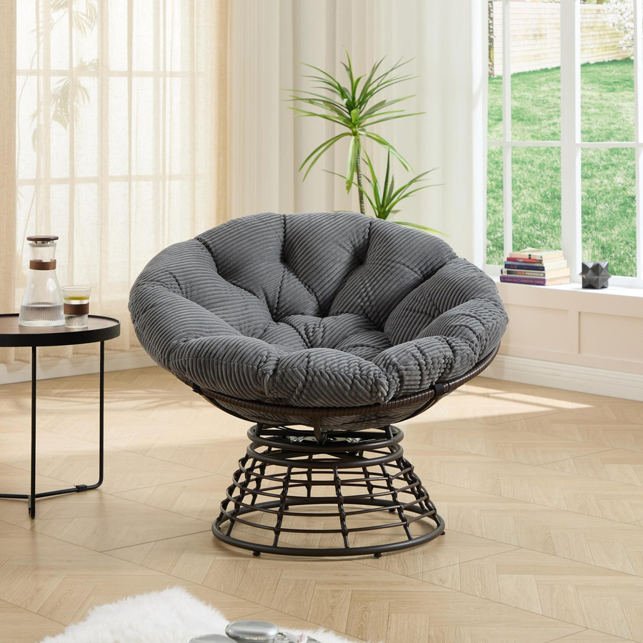 Drehbarer Papasan-Sessel in Grau mit Cordstoff-Polster und Stahlrahmen, B/T/H: 92 x 92 x 67 cm - Bild 2