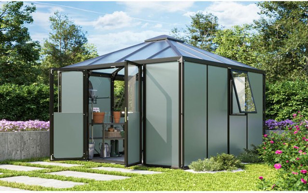 Vitavia Gerätehaus Universum in Schwarz und Salbeigrün mit einer Fläche von 10,2 m², B/T/H: 321,5 x 317 x 264,5 cm - Bild 4