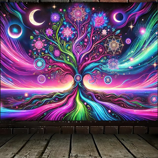 UV-reaktiver Wandteppich mit Lebensbaum-Motiv in Schwarz und Multicolour, psychedelisches Galaxie-Design, B/H: 120 x 180 cm, von JMG Household Supplies - Bild 1