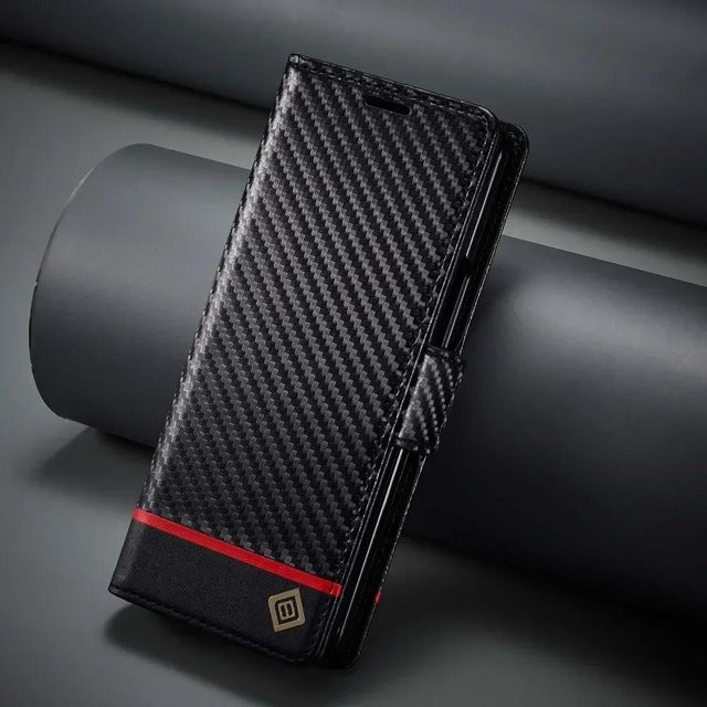 Magnetische Klapphülle aus Kohlefaser-Leder mit Kartenhalter für Samsung Galaxy Z Fold 6 5 4 3, Schwarz - Bild 1
