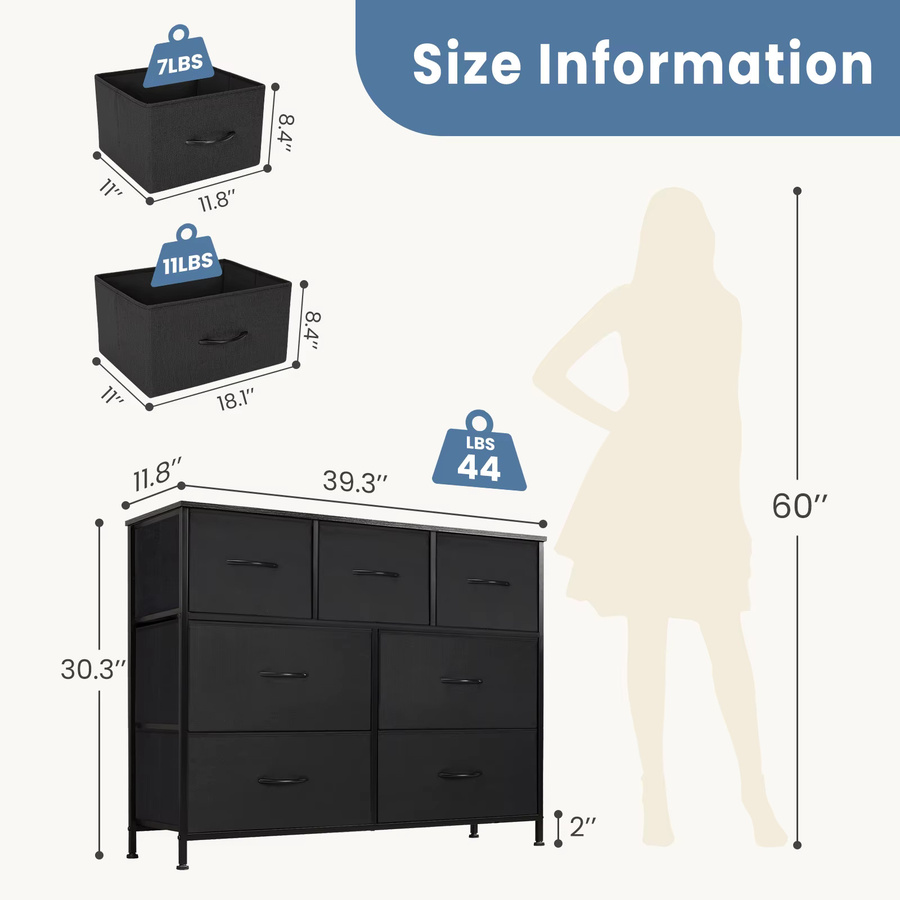 JHK Kommode in Schwarz mit 7 Stoffschubladen für Schlafzimmer und Wohnzimmer - Bild 2