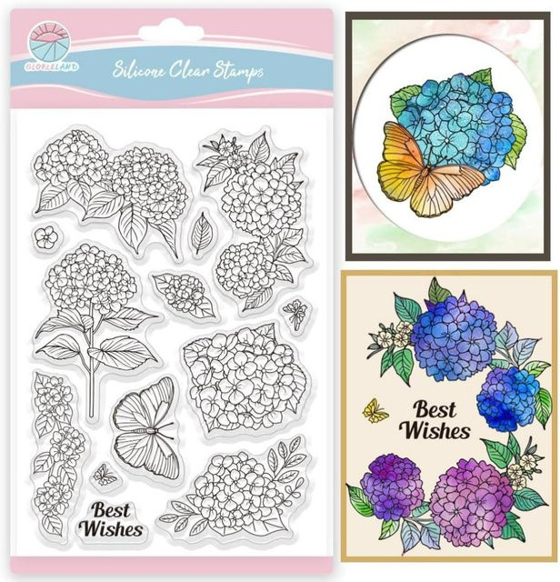 Transparente Motivstempel mit Hortensien, Blumen und Schmetterlingen für Scrapbooking und Kartenherstellung - Bild 1