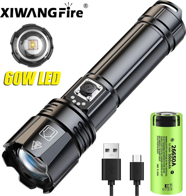 XIWANGFIRE LED Taschenlampe in Schwarz, USB wiederaufladbar und zoombar, taktische Notfall-Taschenlampe aus Aluminium - Bild 1