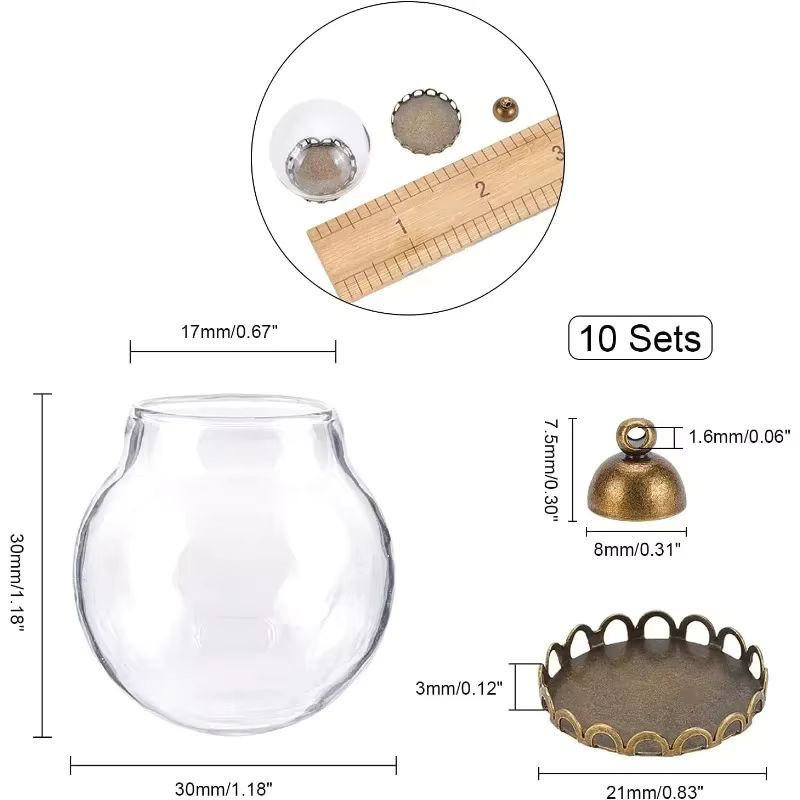 10er Set runde Glaskugeln mit Sockel und Kappe in Transparent, Mini-Glasfläschchen als Deko-Anhänger und Charms mit 30 mm Durchmesser - Bild 1