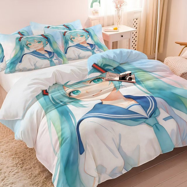 Hatsune Miku Sailor Uniform Bettwäsche-Set mit Aquarell-Anime-Design in Multicolour, bestehend aus Bettbezug und Kissenbezügen - Bild 1