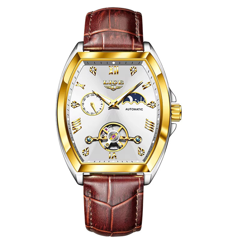 LIGE Armbanduhr Automatik, Tonneau, Edelstahl, Leder, Gold, Herren - Bild 7