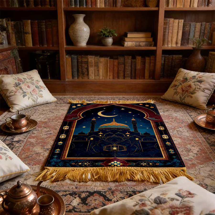 VIKAMA Gebetsteppich mit Cartoon Luxus Moschee Nacht Design, faltbare und waschbare Reise-Muslimmatte im orientalischen Stil - Bild 3