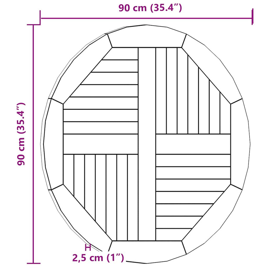 vidaXL Tischplatte aus Massivholz Teak Rund, Braun, Durchmesser: 90 cm, Höhe: 2,5 cm - Bild 3