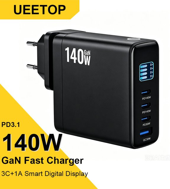 Ueetop 140W GaN-Ladegerät mit 4 Ports und Smart-Display, USB-C Schnellladegerät in Schwarz - Bild 1