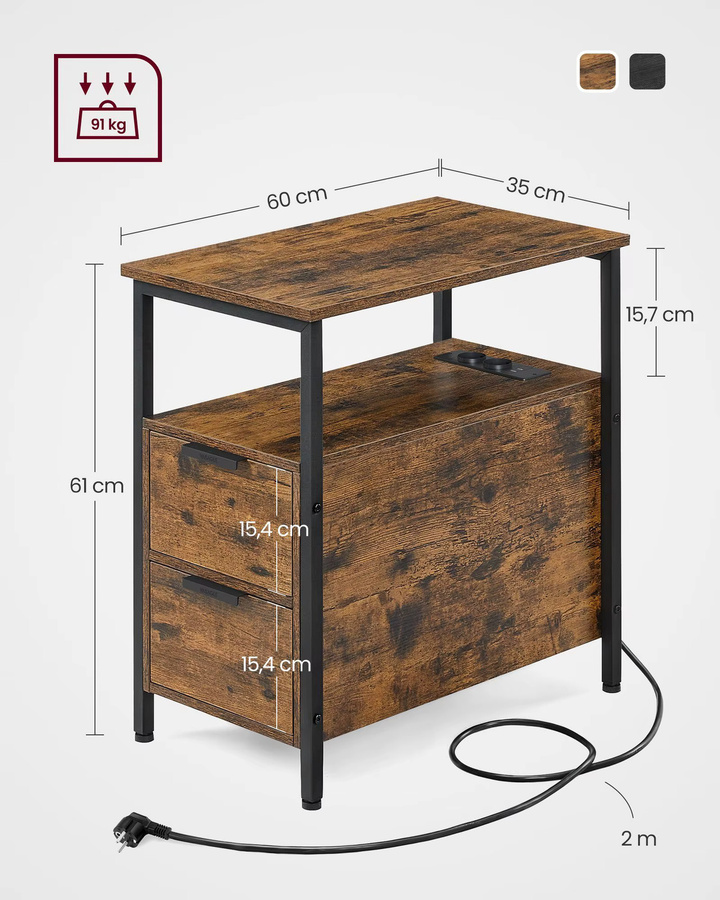 VASAGLE Beistelltisch mit Steckdosenleiste und 2 Schubladen im Industrial Design, Schwarz-Braun, B: 60 cm, T: 35 cm, H: 61 cm - Bild 5