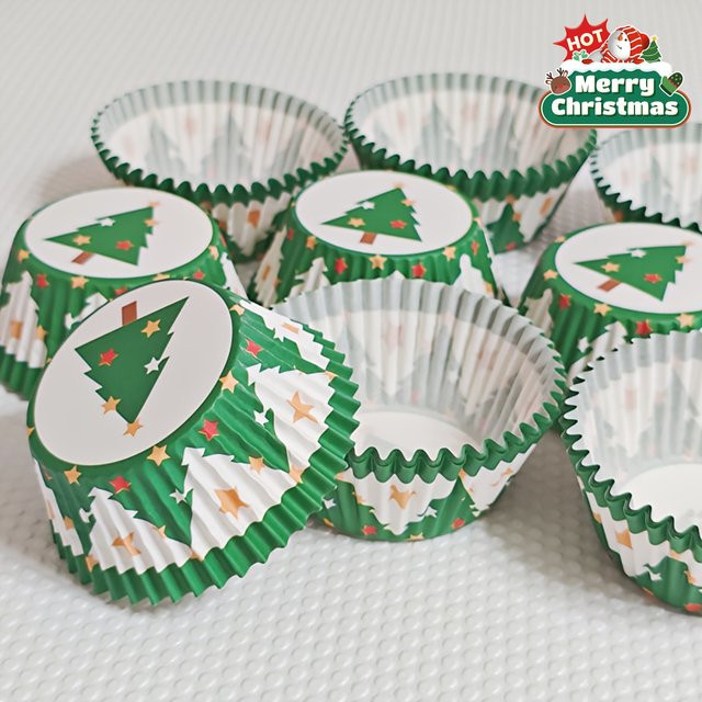 100 Stück Weihnachtsbaum-Backförmchen aus Papier, antihaftbeschichtet, bunt, rund - Bild 1