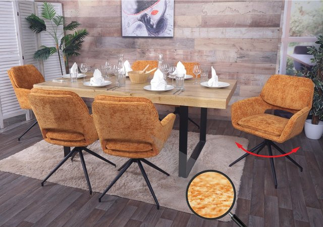 6er-Set MCW Esszimmerstuhl N74 in Ocker-Gelb mit Stoff Chenille und Auto-Return Funktion - Bild 1