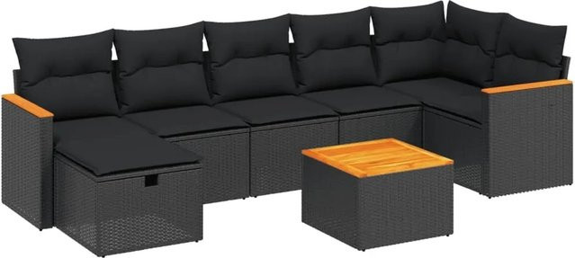vidaXL 8-tlg Garten-Sofagarnitur aus Poly-Rattan und Akazienholz in Schwarz mit Kissen - Bild 1