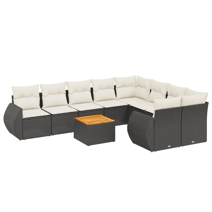 vidaXL 10-tlg. Garten-Sofagarnitur in L-Form aus Poly-Rattan und Akazienholz mit Kissen in Schwarz-Creme - Bild 2