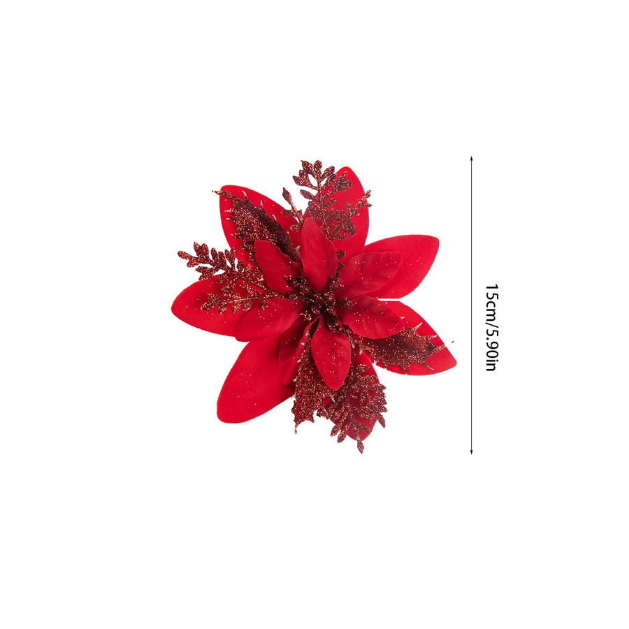 Joy-enlife Weihnachtsblumen als Baumschmuck in Rot und Silber mit Glitter-Effekt - Bild 3