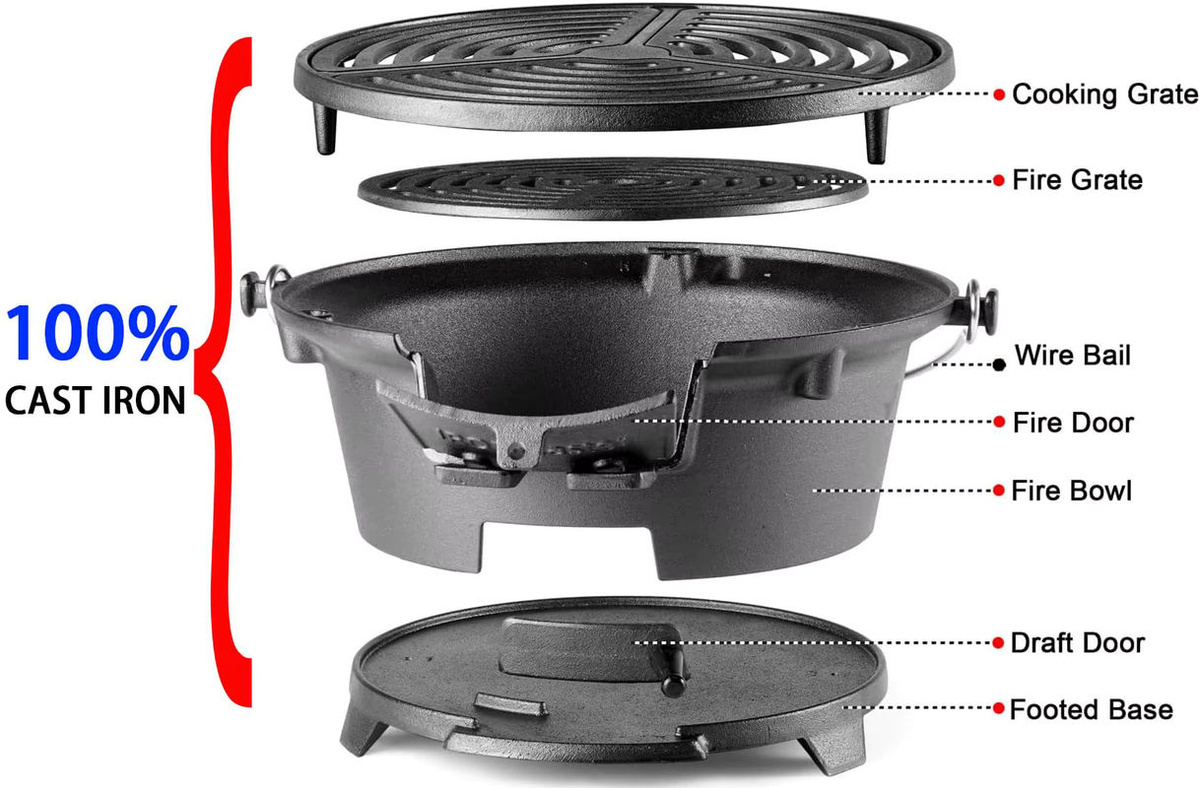 Tragbarer Hibachi-Grill aus Gusseisen in Schwarz für Outdoor und Camping, Tischgrill für Holzkohle, B/T/H: 28,96 x 28,96 x 15,24 cm - Bild 6