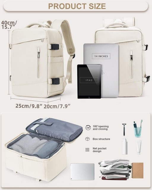 Multifunktionaler Laptop-Rucksack von Weft in Beige als Handgepäck für Damen und Herren inklusive Packwürfeln, B/T/H: 40 x 20 x 25 cm - Bild 1