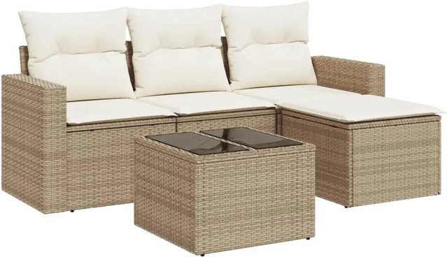 vidaXL 5-tlg. Garten-Sofagarnitur in L-Form aus beige farbenem PE-Rattan mit Kissen und pulverbeschichtetem Stahlgestell - Bild 1