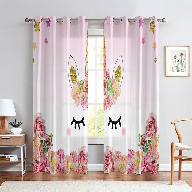 Yiran Furniture Einhorn und Regenbogen Vorhänge für Kinderzimmer, 2er-Set, Mehrfarbig und Pink, halbtransparent, B: 100 cm, H: 130 cm - Bild 1