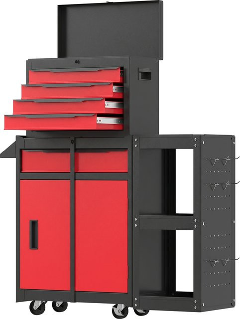 HOMCOM Werkzeugwagen 3-in-1 aus Metall mit 5 Schubladen, seitlichem Regal, Lochplatten und Schloss in Schwarz/Rot - Bild 1
