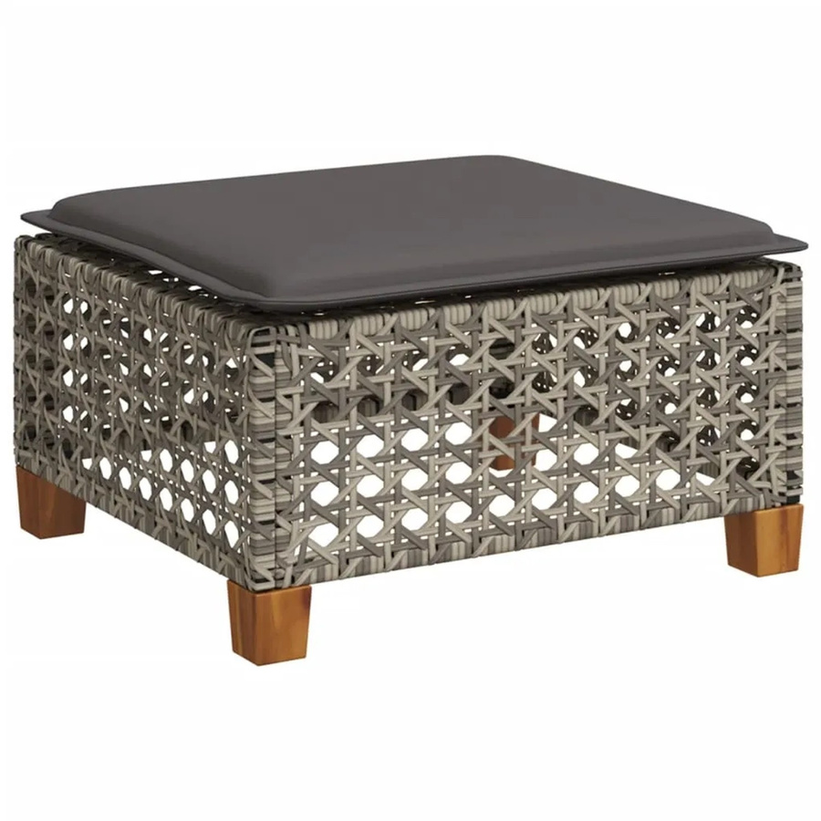 vidaXL Gartenhocker aus Poly Rattan und Akazienholz mit Kissen in Grau, B/T/H: 63,5 x 56 x 32 cm - Bild 2