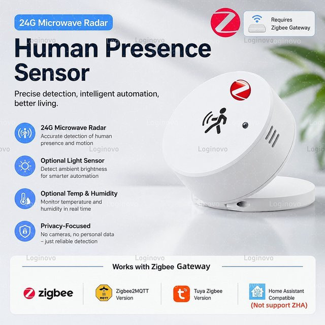 Tuya Zigbee 24G mmWave Radar-Anwesenheitssensor mit Temperatur-, Luftfeuchtigkeits-, Helligkeits- und Bewegungsmelder in Weiß, kompatibel mit Zigbee2mqtt und Tuya Hub - Bild 1