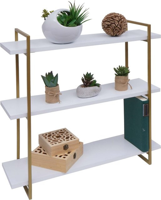 Wandregal MCW K78 Industrial mit 3 Regalböden aus Massiv-Holz und Metall, Weiß/Gold, B: 60 cm, H: 60 cm, T: 18 cm - Bild 1