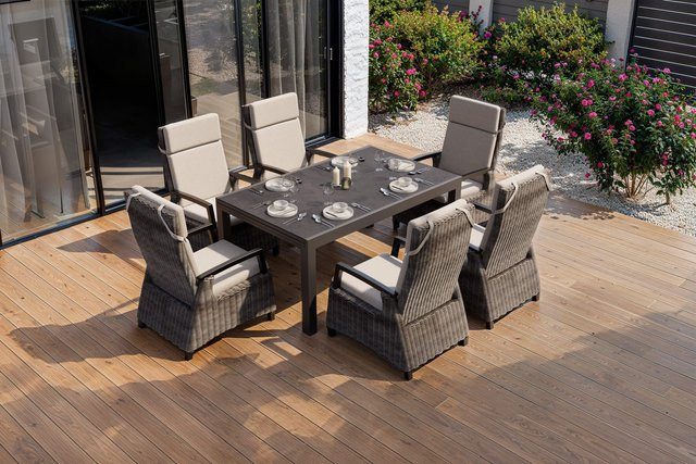 Siena Garden Premium Garten-Essgruppe aus Aluminium und Polyrattan mit Spraystone-Glas, anthrazit matt/grau, Tisch B: 160-260 cm, T: 100 cm und 6 Dining-Sessel - Bild 1