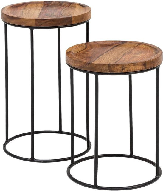 Wohnling Beistelltisch 2er-Set aus Sheesham Echtholz und Eisen in Schwarz und Natur im Industrial Design, runde Tischplatten, Höhe: 54 cm, Durchmesser: 30,5 cm - Bild 1