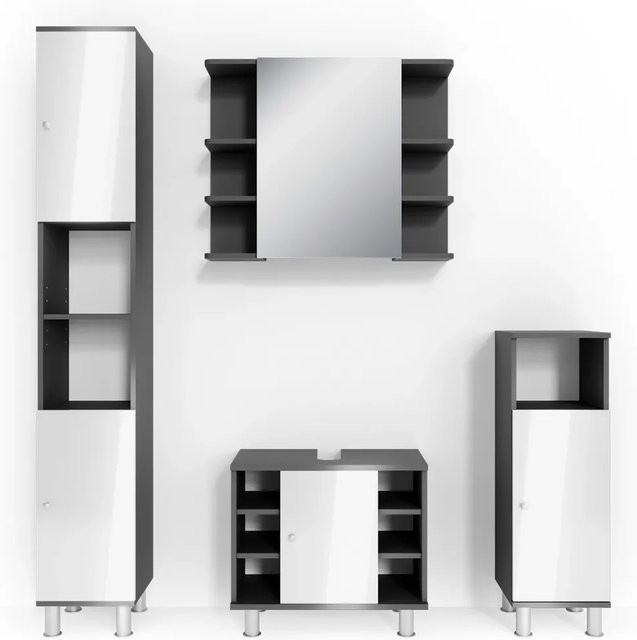 Vicco Badmöbel Set FYNN 4-teilig in Anthrazit und Weiß Hochglanz mit Badspiegel, Waschbeckenunterschrank und Badschrank - Bild 2