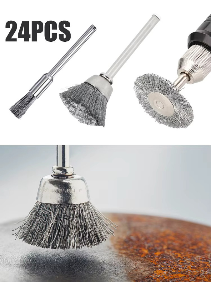 XCAN 24er Set Edelstahl Drahtbürsten und Rad-Pinsel zum Polieren und Schleifen für Dremel Drehwerkzeuge zur Metall- und Rostentfernung in Silber - Bild 5