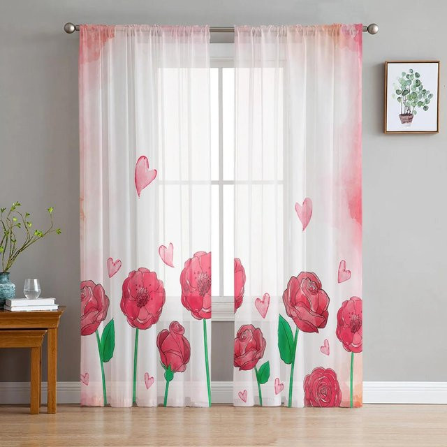 A Family Of Home Textiles Tüll-Vorhang Rosa Rose, transparenter Chiffon-Vorhang mit floralem Design, Breite: 135 cm, Höhe: 244 cm, 2er-Set - Bild 1