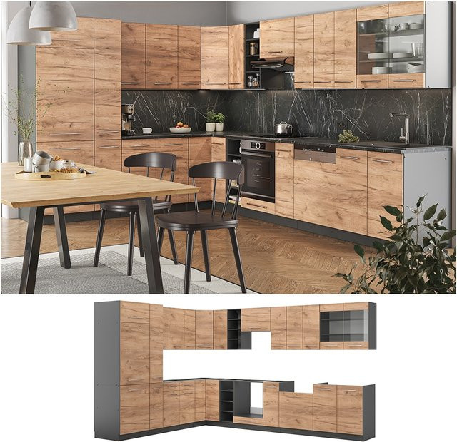 Vicco Eckküche Fame-Line Einbauküche in Anthrazit-Eiche, modern mit Soft-Close-Türen, B/T/H: 347 x 257 cm - Bild 1