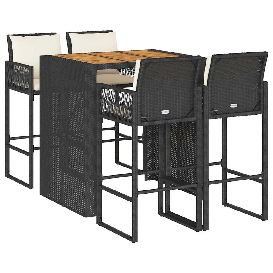 vidaXL 5-teiliges Gartenbar-Set in Schwarz aus Poly-Rattan und Akazienholz mit Kissen für Garten und Terrasse - Bild 2