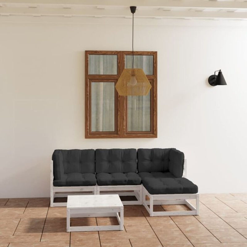 5-tlg. Gartenlounge-Set aus Kiefer Massivholz mit Kissen in Weiß und Anthrazit von vidaxl - Bild 1
