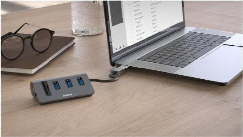 Hama USB-Hub und Kartenleser mit 5 Ports, 3x USB-A, SD und microSD inklusive USB-C-Adapter, Anthrazit/Schwarz - Bild 3
