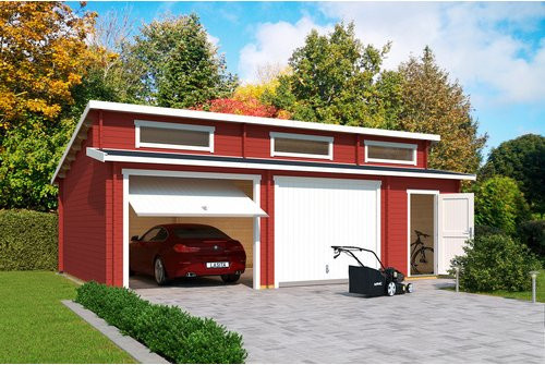 Blockgarage LASITA MAJA Hawaii mit Schwingtoren und separatem Abstellraum in Grau und Schwedenrot, B/T: 820 x 579,6 cm - Bild 1