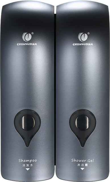 CHUANGDIAN Wandmontierter manueller Doppelkopf-Seifenspender für Duschgel und Shampoo, Grau, 2 x 300 ml - Bild 1