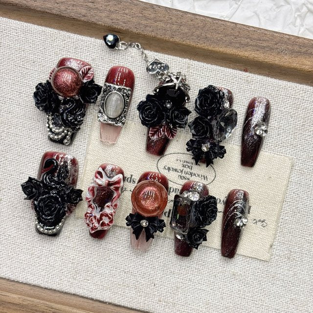 StyleSynergy Press On Nails, Rot Schwarz, Glänzend, Unisex - Bild 1