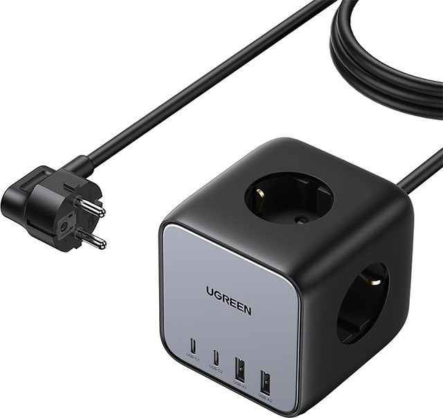 UGREEN DigiNest Cube Ladegerät 65W mit 3 Schuko-Steckdosen, 2 USB-A und 2 USB-C Anschlüssen, Grau - Bild 1