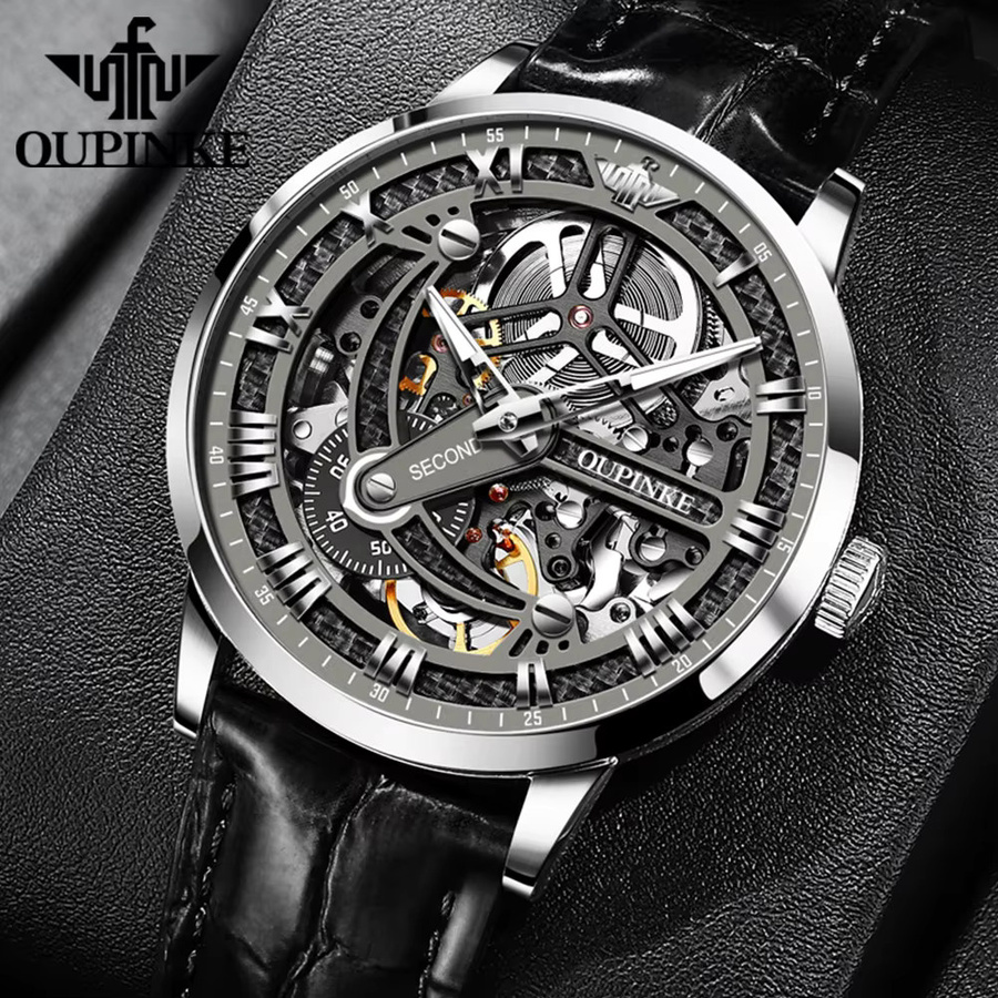 OUPINKE Armbanduhr, Automatik, Edelstahl, Leder, Schwarz, Herren - Bild 3
