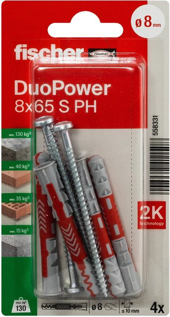 Fischer Universaldübel DuoPower S aus Nylon, Durchmesser: 8 mm, Länge: 65 mm, 4 Stück - Bild 1