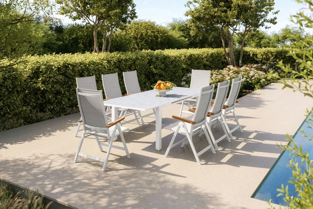 Kettler Garten-Essgruppe aus Aluminium und Teakholz mit 8 Klappstühlen, weiß matt/hellgrau, Ausziehtisch B: 180 bis 240 cm, B: 100 cm - Bild 1