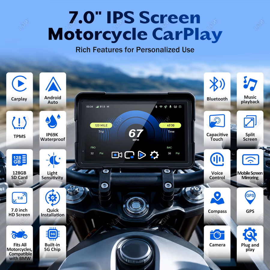 LBW 7 Zoll Motorrad-GPS-Navigation mit CarPlay und Android, inklusive TPMS und Dual-Kameras, Schwarz - Bild 2