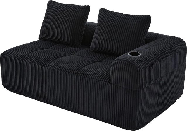 PXloue 2-Sitzer Sofa aus Cord in Schwarz mit Getränkehalter und Seitentasche - Bild 1