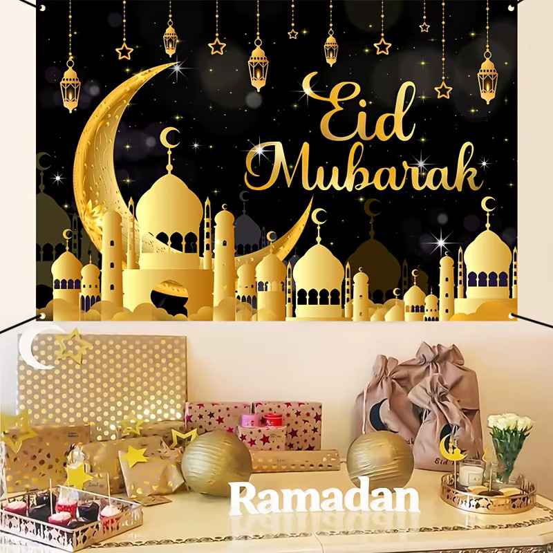 Vikama Chic Eid Mubarak Wandbanner in Gold mit Moschee- und Halbmond-Verzierung für deine orientalische Feiertagsdekoration - Bild 2