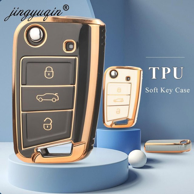 Jingyuqin TPU Auto Flip Schlüsselhülle für VW Golf 7 MK7, Tiguan MK2, SEAT Ateca, Leon FR, Ibiza und Skoda Octavia A7 in Schwarz - Bild 1