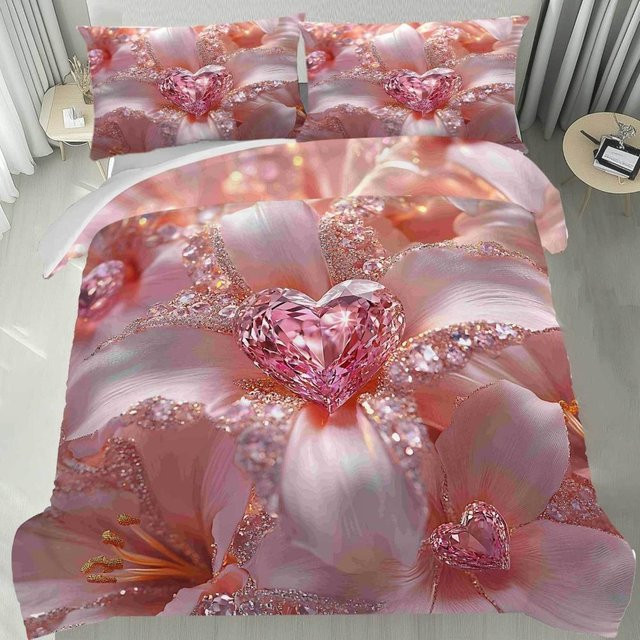 Yiran Home 3-teiliges Bettwäscheset Rosa mit Herz und Blumen im 3D-Druck, B/H: 172 x 218 cm - Bild 1